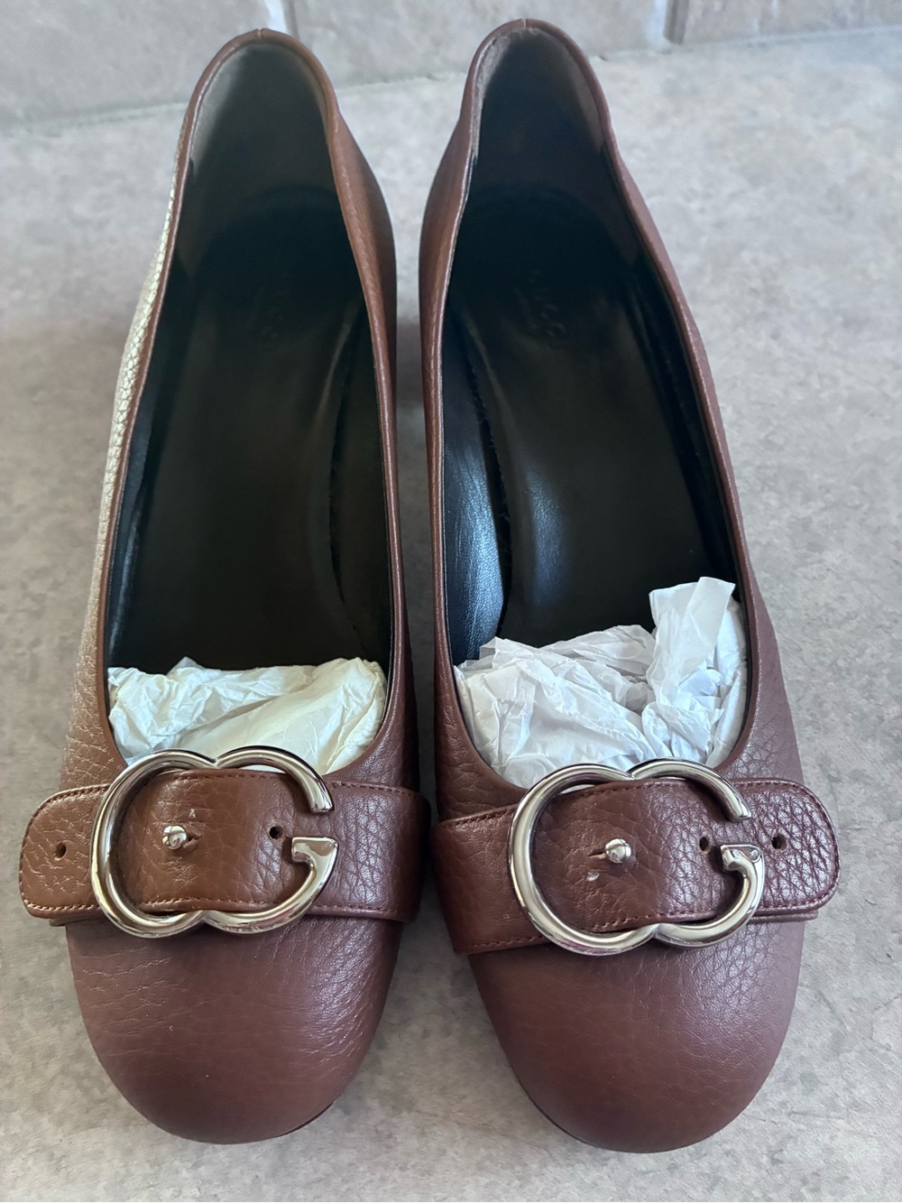 Gucci Brown Leather with 1” square heel with Silver Double G Buckle size 40